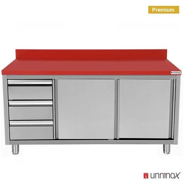 Polyethylen-Arbeitsschrank + Schiebetüren + 3 Schubladen links – 2000 x 700 x H850mm