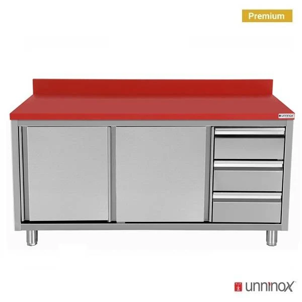 Polyethylen-Arbeitsschrank + Schiebetüren + 3 Schubladen rechts – 2000 x 700 x H850mm