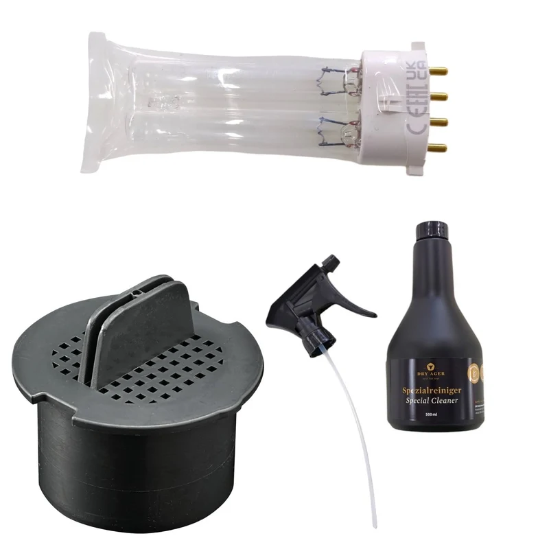 Dry Ager Pflegeset für DX 500 Premium / S oder DX1000 Premium / S bestehend aus Aktivkohlefilter, UCV2 Ersatzlampe und Spezialreiniger 500ml