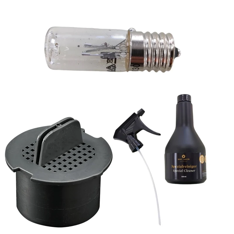 Dry Ager Pflegeset für DX500 und DX1000 bestehend aus Aktivkohlefilter, UCV1 Ersatzlampe und Spezialreiniger 500ml