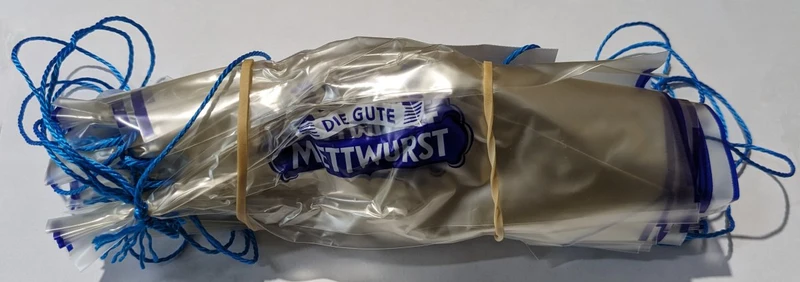 Kalle Nalo Kunstdarm schmal "Die gute Mettwurst" Abschnitte Abbindung blau