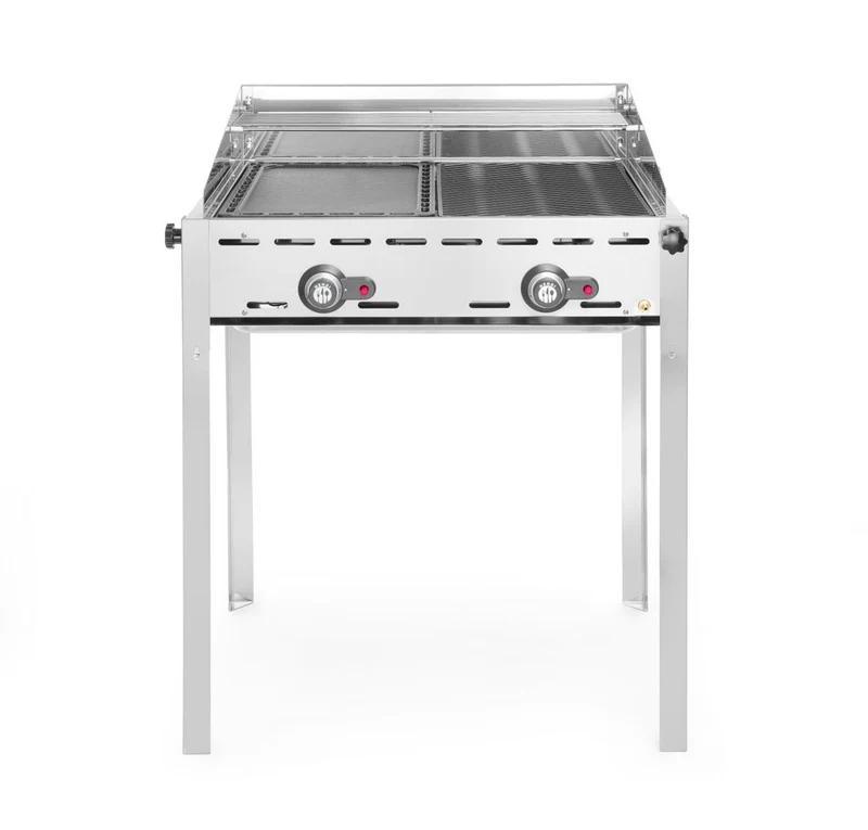 HENDI Grillsystem Green Fire mit 2 Brennern – Profi Line – Emaillierte Grillplatte und Grillrost aus Gusseisen GN 1 / 1 – 11,6 kW – 740 × 615 × 825 mm