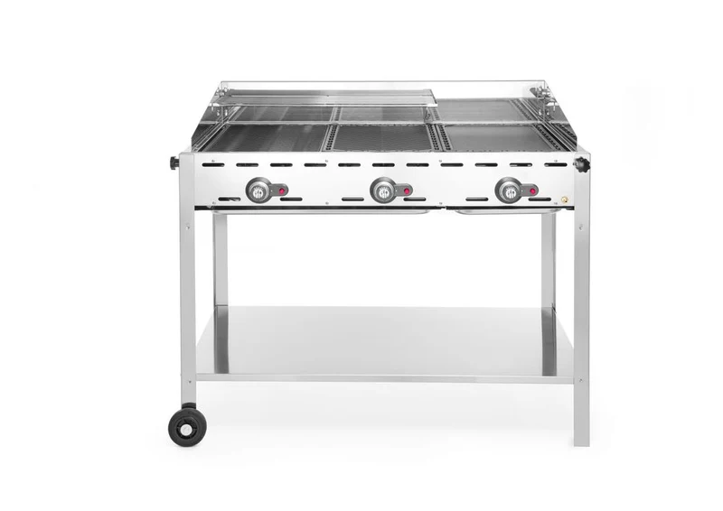 HENDI Grillsystem Green Fire mit 3 Brennern – Profi Line – Ausgestattet mit einem unteren Regal und Rädern – 17,4 kW – 1078 × 612 × 825 mm
