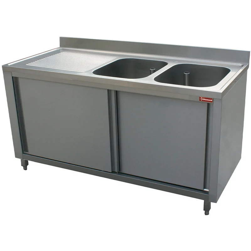 Spültisch 2 Becken 400x500x275, Ablauffläche links, auf Unterschrank mit 2 Schiebetüren - L1621S-AS-D