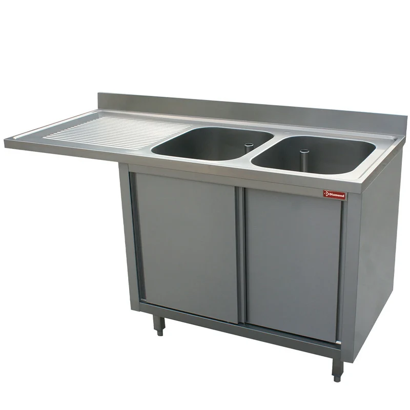 Spüle mit 2 Becken 400x500x275, Ablauffläche links, 2 Schiebetüren mit Platz für Spülmaschine - L1621VS-AS-D
