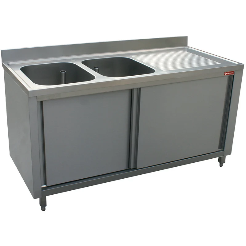 Spültisch 2 Becken 500x500x325, Ablauffläche rechts auf Unterschrank mit 2 Schiebetüren - L1821D-AS-D