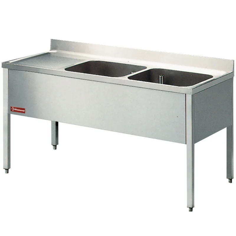 Spültisch 2 Becken, Abtropffläche auf der linken Seite, mit Undergestell - L1620S-KD-D