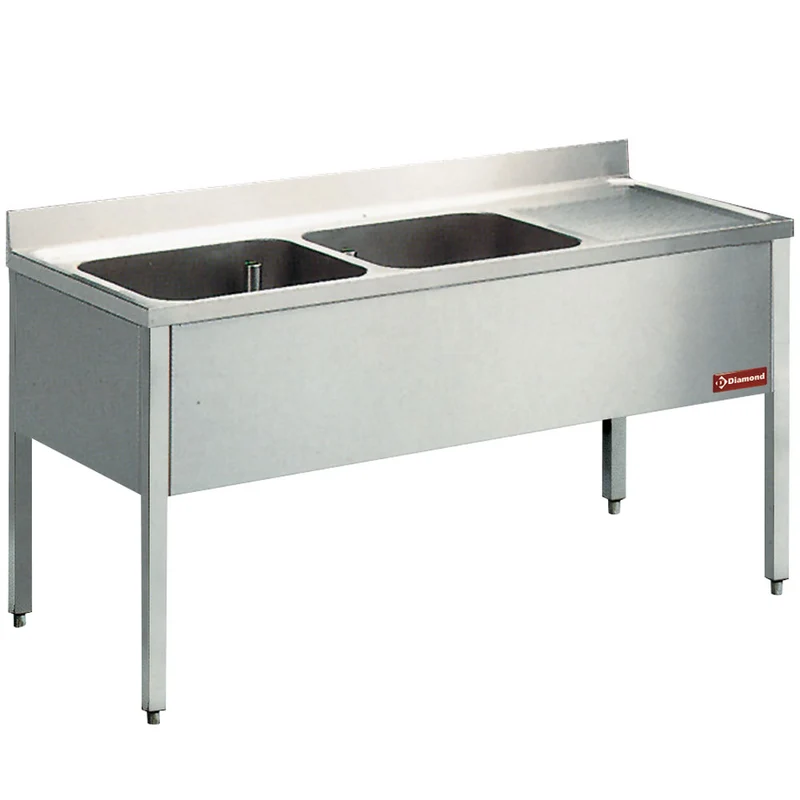Spültisch 2 Becken, Abtropffläche auf der rechten Seite, mit Undergestell - L1620D-KD-D