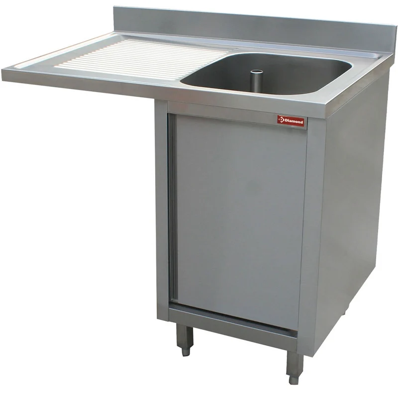 Spültisch mit einem Becken, Abtropfbrett rechts, auf Schrank mit 2 Schiebetüren und platz für Geschirr. - L1411VS-AS