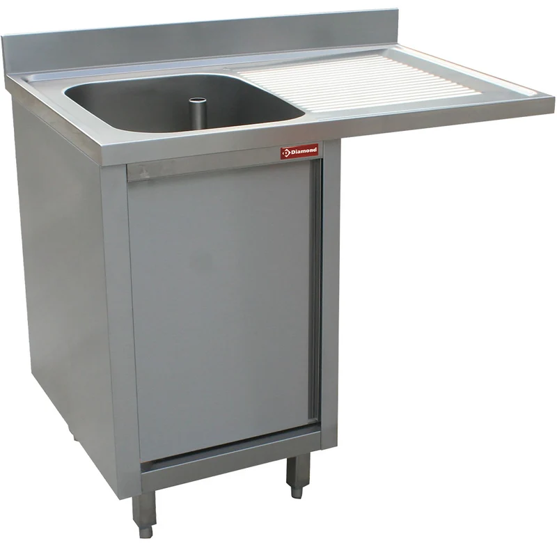 Spültisch mit einem Becken, Abtropfbrett rechts, auf Schrank mit 2 Schwingtür und platz für Geschirr. - L1411VD-AS-D