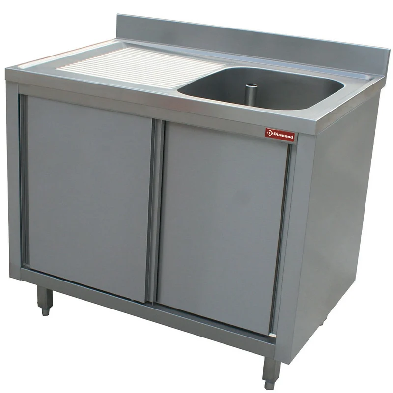 Spültisch 1 Becken 600x500x275, Ablauffläche links, auf Unterschrank mit 2 Schiebetüren. - L1411S-AS-D