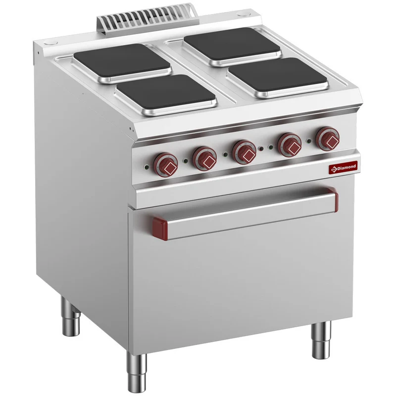 Elektro Plattenherd mit 4 Squadrat Platten auf Elek. Backofen GN 2/1 und Grill - E7/4PQF7-N
