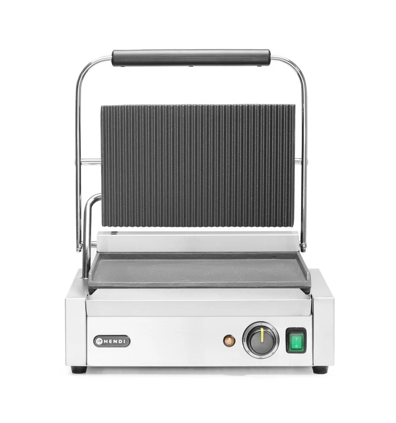 HENDI Kontaktgrill - Panini – oben gerillt – unten glatt – 230 V / 2200 W – 430 × 375 × 216 mm