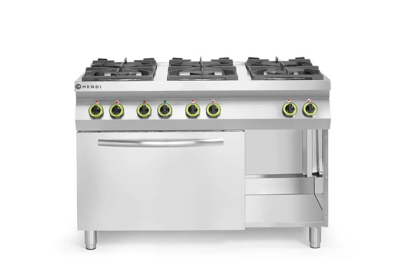 HENDI Gasherd Kitchen Line 6-flammig mit Ofen GN 1 / 1 – Kitchen Line – 230 V / 3000 W – 28,5 kW – 1200 × 722 × 900 mm
