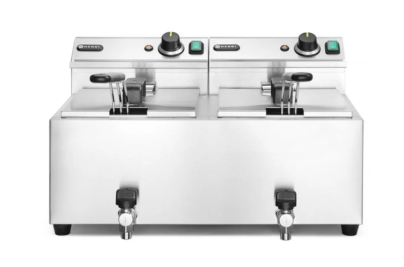 HENDI Fritteuse Profi Line mit Ablasshahn – 2×8 l – Profi Line – 16 l – 230 V / 7000 W – 610 × 515 × 369 mm