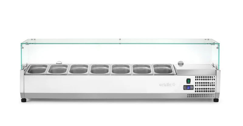 Arktic Aufsatz-Kühlvitrine Gastronorm 1 / 4 – 7x GN 1 / 4 – GN 1 / 4 – 31,5 l – 230 V / 180 W – 335 × 1505 × 460 mm