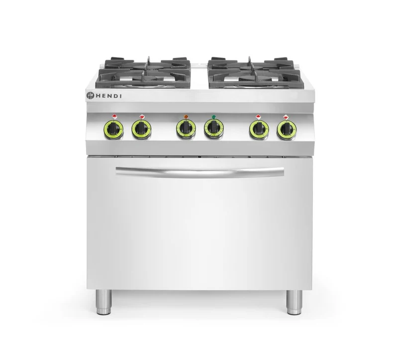 HENDI Gasherd 4-flammig mit Ofen GN 1 / 1 – Kitchen Line – 230 V / 3000 W – 19 kW – 800 × 722 × 900 mm