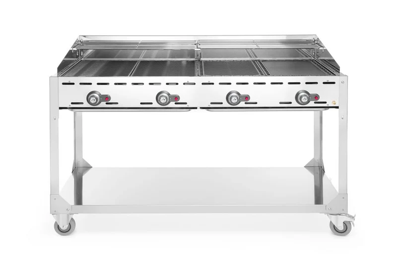 HENDI Grillsystem Green Fire mit 4 Brennern – Profi Line – mit Rollengestell – Hellgrau – 22 kW – 1400 × 612 × 825 mm