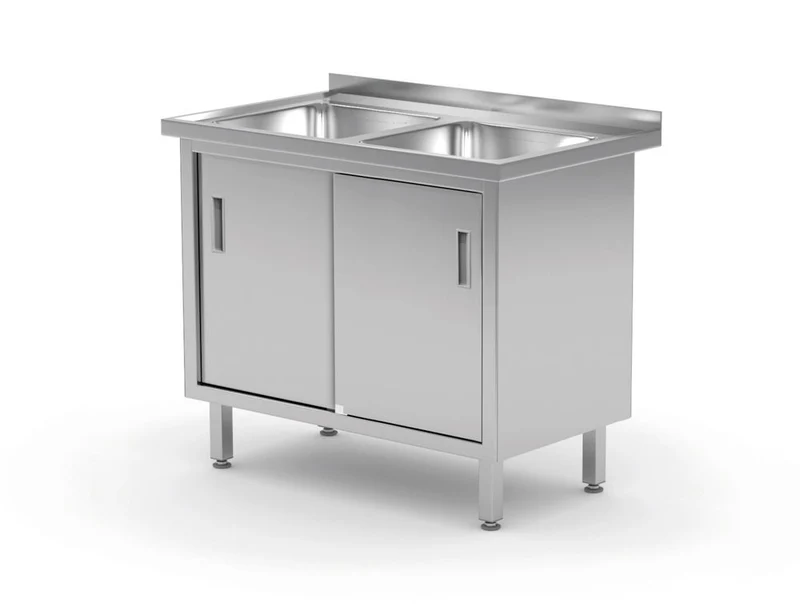 HENDI Tisch mit 2 Spülbecken – Schrank – verschweißt – mit Schiebetüren – Profi Line – 1000 × 600 × 850 mm