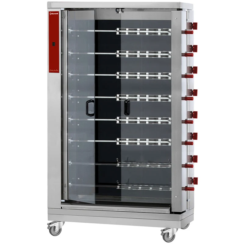 Hähnchengrill Glaskeramik, 8 Spieße auf Rädern (48 Hähnchen) - RVE/8C-CM