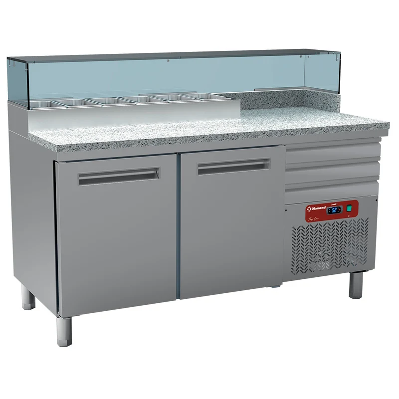 Pizzatisch 2 Türen & 3 neutrale Schubladen (EN 600x400), Kühlaufsatz 6x GN 1/4, Granit-Arbeitsplatte, 159 cm breit, Diamond MR-PIZZA
