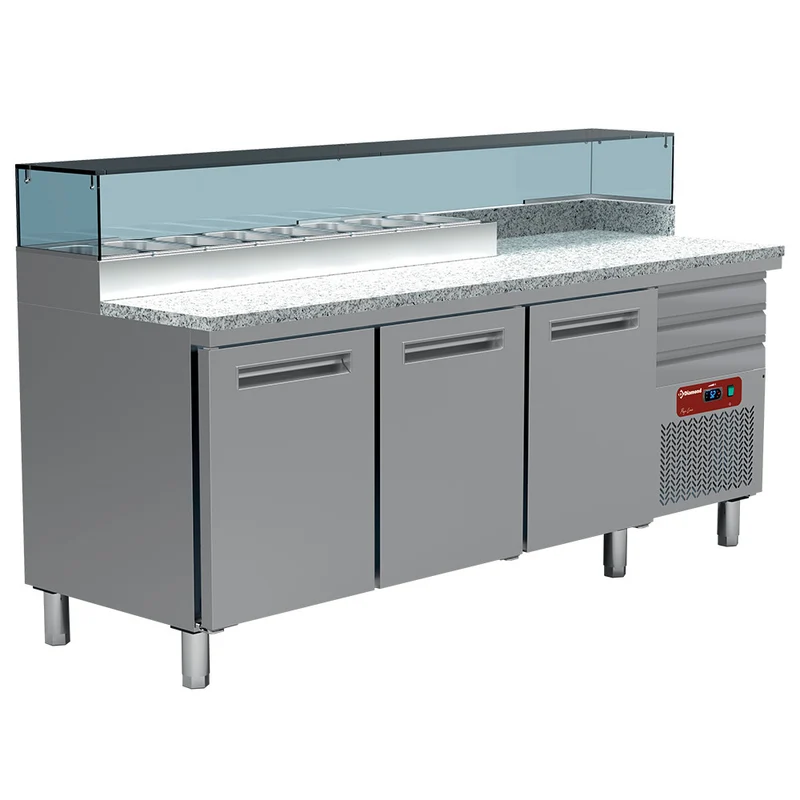 Pizzatisch 3 Türen & 3 neutrale Schubladen (EN 600x400), Kühlaufsatz 8x GN 1/4, Granit-Arbeitsplatte, 211 cm breit, Diamond MR-MAXIPIZZA