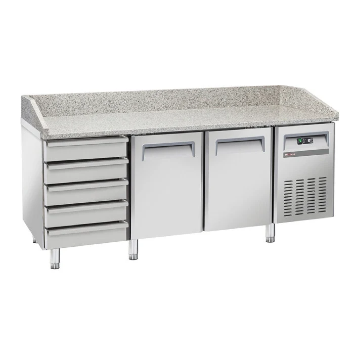 Pizzatisch 2 Türen & 5 neutrale Schubladen (EN 600x400), Granit-Arbeitsplatte, 203 cm breit, Fahrbar, Made in Europe