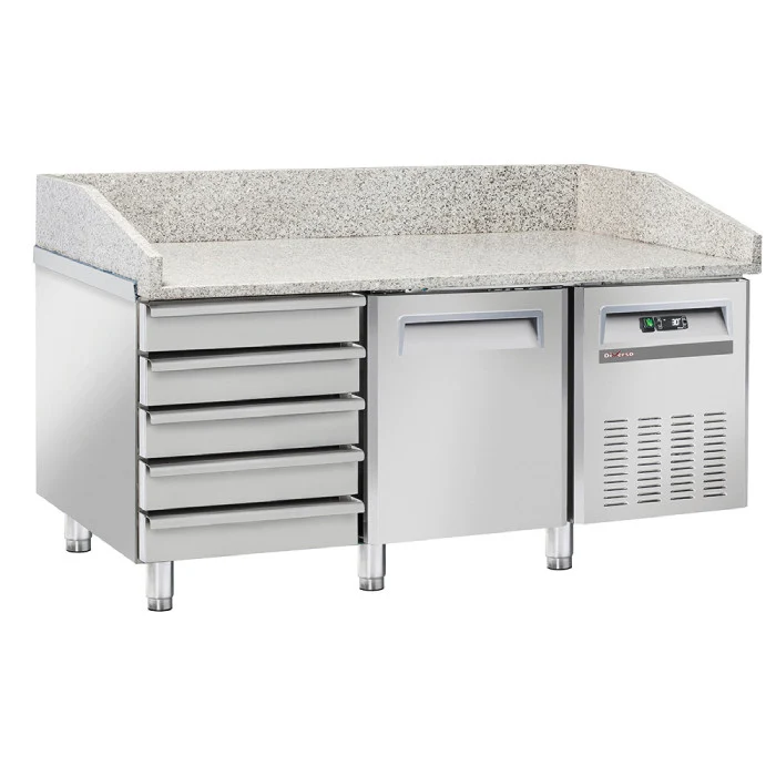 Pizzatisch 1 Tür & 5 neutrale Schubladen (EN 600x400), Granit-Arbeitsplatte, 150 cm breit, Fahrbar, Edelstahl R290