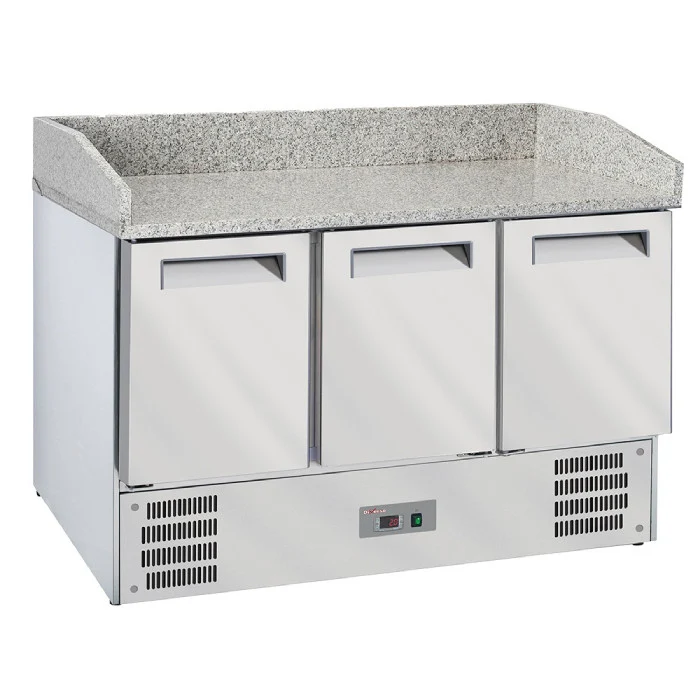 Pizzatisch 3 Türen, Granit-Arbeitsplatte & Aufkantung, 140 cm breit, GN 1/1 Kühlung, Edelstahl R290 (Eco)