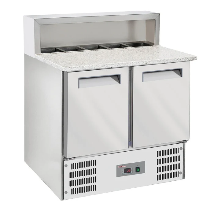 Pizzatisch 2 Türen, Granit-Arbeitsplatte & Kühlaufsatz (5x GN 1/6), 90 cm breit (Kompakt), GN 1/1 Kühlung, R600a