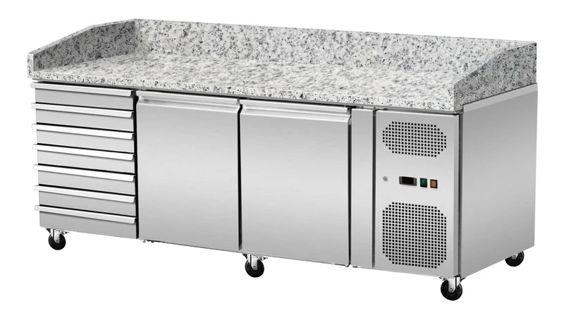 Pizza Kühltisch, Granit rosa-grau, 2 Türen 7 ungek. Schubladen, 203 x 80