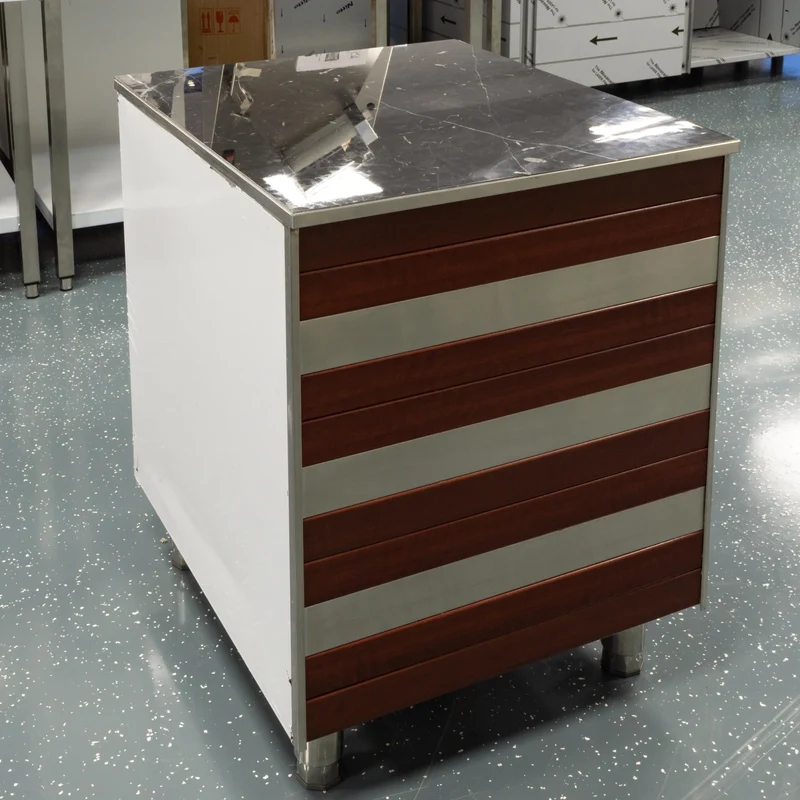 Edelstahl Kassentisch mit Holz Verkleidung Arbeitsschrank 100 cm Marmor Schwarz