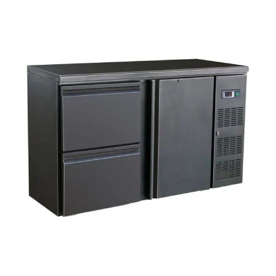 Barkühler / Barkühlschrank schwarz mit 1 Tür und 2 Schubladen