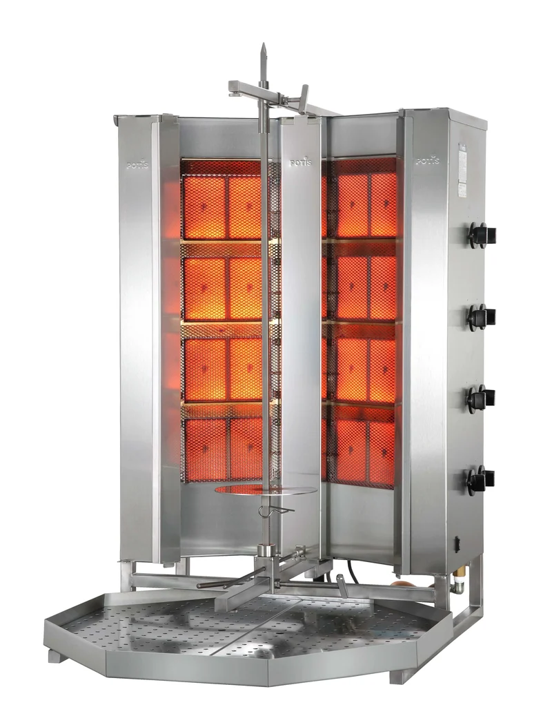 Potis V-MU-GD4 Dönergrill / Gyrosgrill – Hochleistungs-Gasgrill mit V-förmigen Brennern und Untermotor für bis zu 140 kg Fleisch