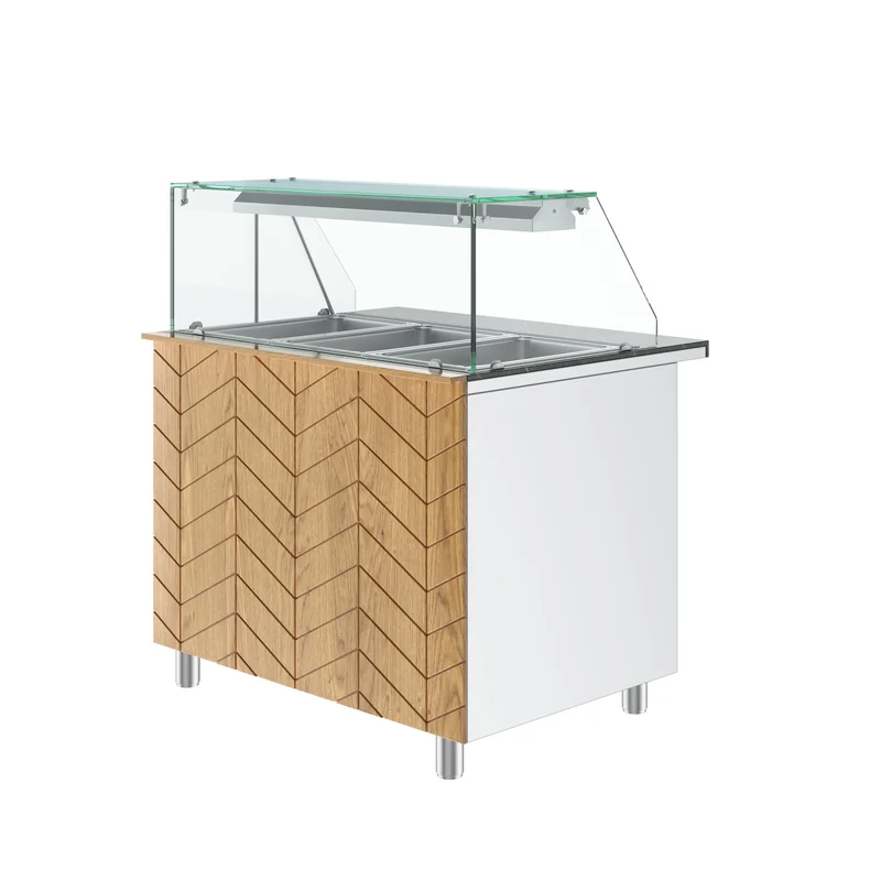 Gastronics Bain Marie / Warmtheke Premium – Integrierte Kühltheke mit schwarzem Granit, Fischgrätenverkleidung, LED-Beleuchtung, mit Schiebtür 107 x 80 x 145 cm