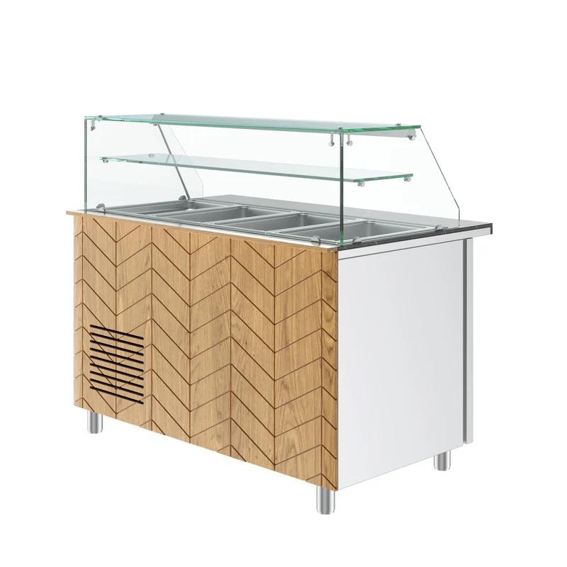 Gastronics Salattheke Premium – Hochwertige Kühltheke mit schwarzem Granit, Fischgrätenverkleidung, LED-Beleuchtung, 4x GN 1/1 und 2 Türen 141 x 70 x 125 cm