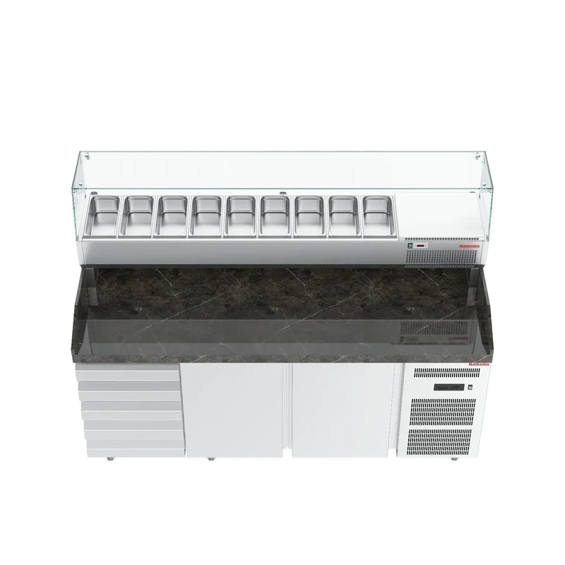 Gastronics Pizzakühltisch Premium – Hochwertige Kühltheke mit schwarzem Granit, Fischgrätenverkleidung, LED-Beleuchtung mit 207 x 80 x 145 cm