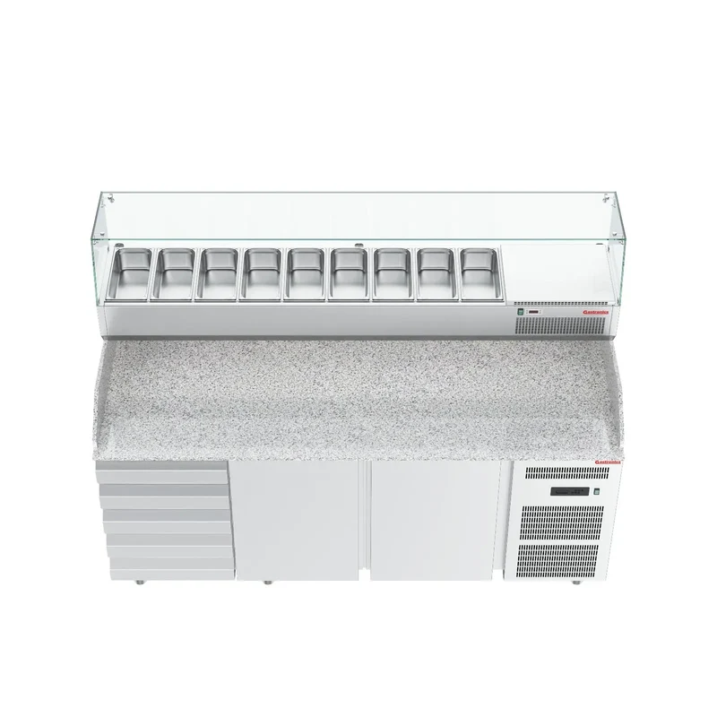 Gastronics Pizzakühltisch Premium – Hochwertige Kühltheke mit grauem Granit, Fischgrätenverkleidung, LED-Beleuchtung 207 x 80 x 145 cm