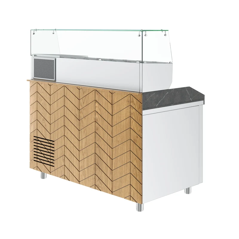 Gastronics Pizzakühltisch Premium – Hochwertige Kühltheke mit schwarzem Granit, Fischgrätenverkleidung, LED-Beleuchtung und 2 Türen 154 x 80 x 145 cm