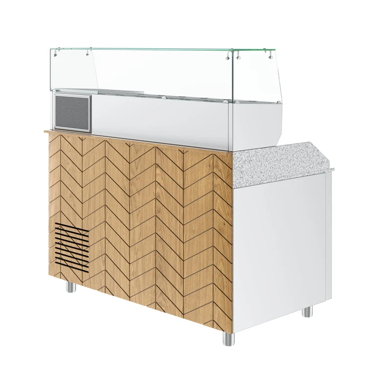 Gastronics Pizzakühltisch Premium – Hochwertige Kühltheke mit grauem Granit, Fischgrätenverkleidung, LED-Beleuchtung und 2 Türen 154 x 80 x 145 cm