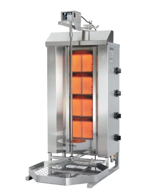 Potis GD4 Gas Dönergrill, 4 Doppelbrenner Gyrosgrill, 14kW, 70kg Kapazität, Motor oben, Edelstahl Gastro