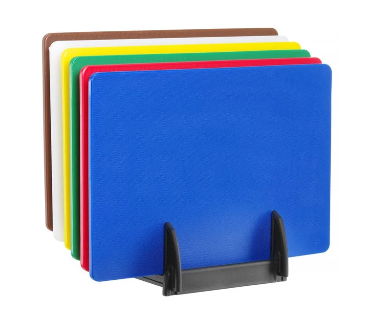 HENDI Satz mit 6 Schneidebrettern HACCP mit Halterung. – 450 × 300 mm – 6 Stück