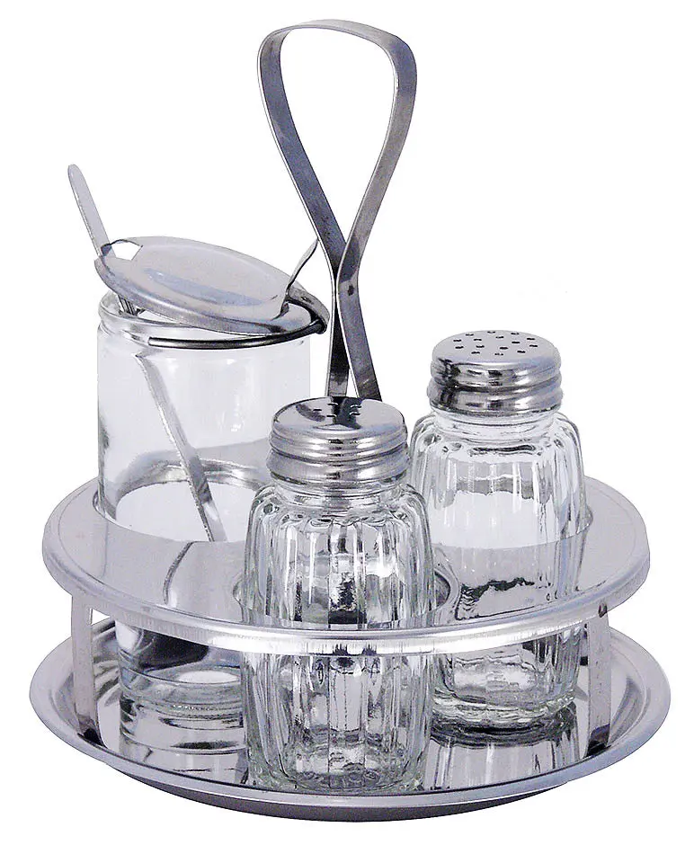 Glas Menage Salz Pfeffer Senf im Edelstahl Gestell