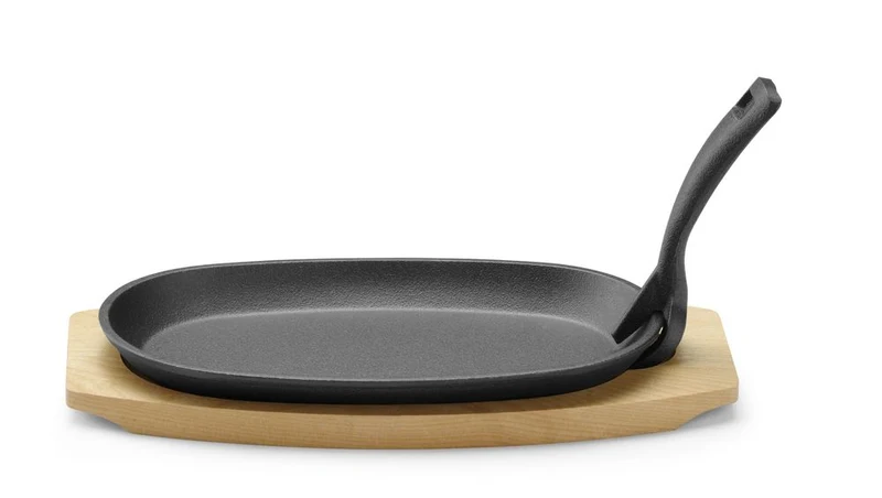 HENDI Gusseisenplatte mit Holzunterlage und Griff – Oval – Schwarz – 280 × 143 × H 33 mm