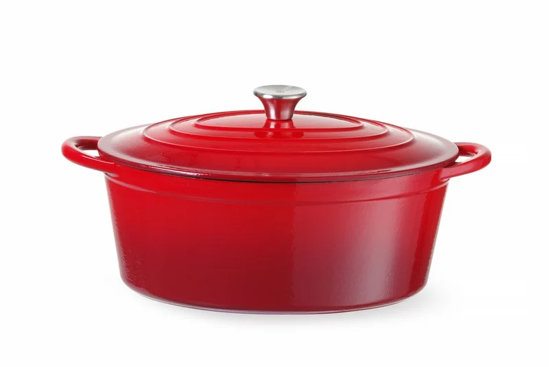 HENDI Emaillierter Gusseisentopf – 6,88 l – Oval – Rot – 405 × 255 × H 134 mm