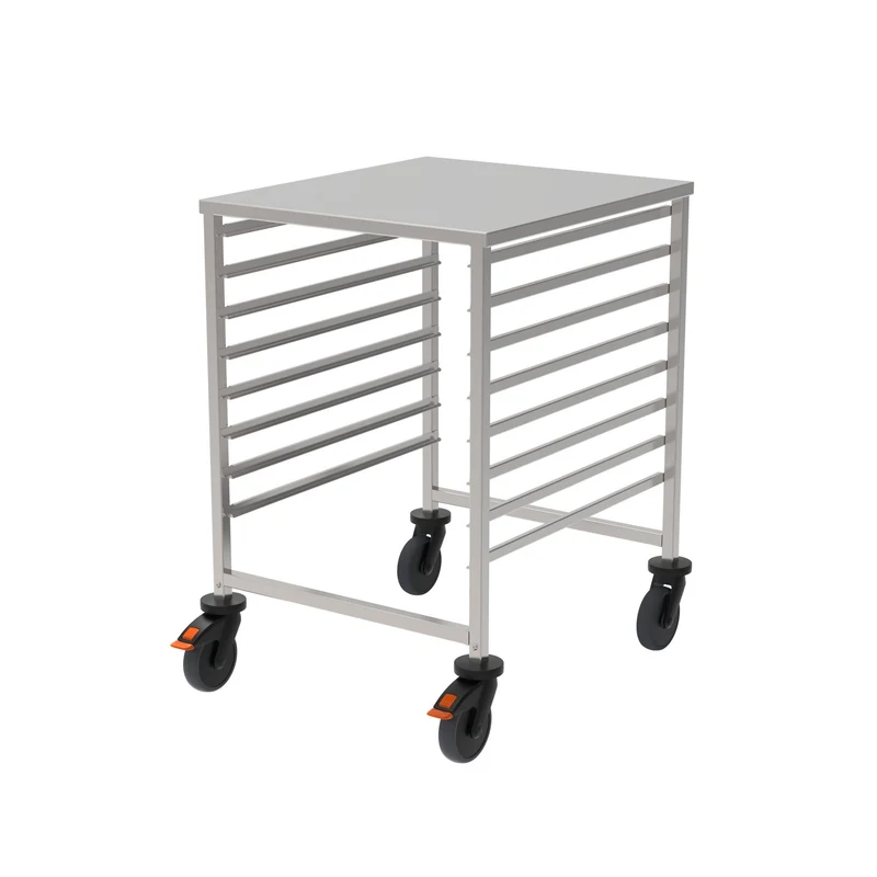Rieber GN-Regalwagen für GN 2/1 in niedriger Ausführung mit Abweiserrollen