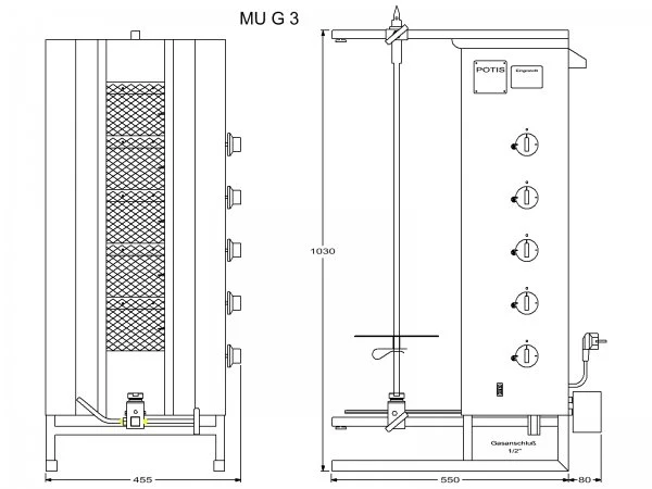 Potis MU G3 Gas Dönergrill, 3 Brenner Gyrosgrill, Motor unten, 50kg Kapazität, 8,75kW, Edelstahl Gastro