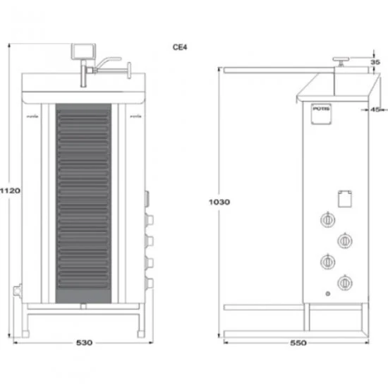 Potis CE4 Elektro Dönergrill, Ceran Gyrosgrill, 70kg Kapazität, 7,6kW 400V, Motor oben, Edelstahl Gastro